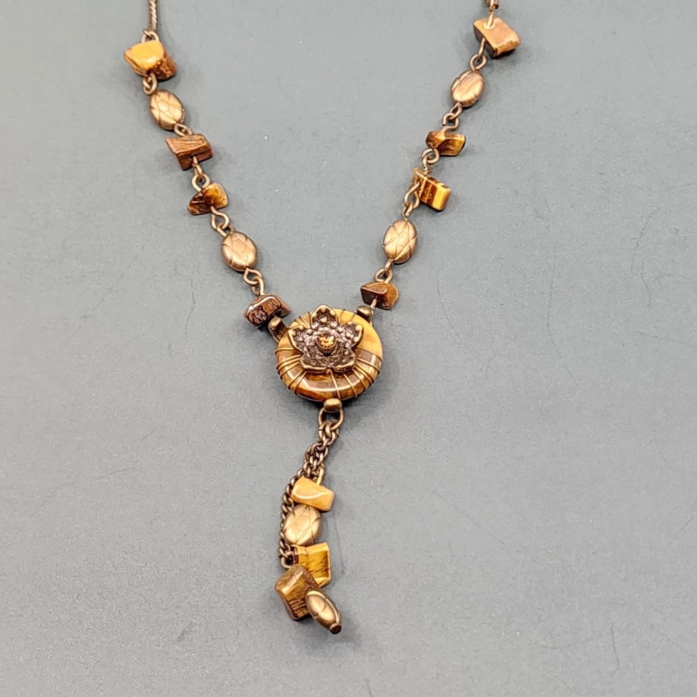 Nina Ricci Vintage Tiger Eye Bead Floral Rhinestone Y Necklace Bronze Tone Boho